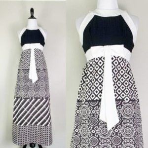 Vintage 1960s Black & White Mixed Print Sleeveless Maxi Dress with Bow XXS